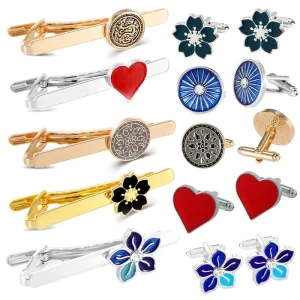 Personalized Logo Gold-Tone Metal Cufflinks and Tie Clip Set for Men