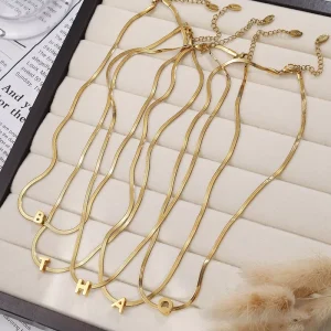 Personalized Snake Bone Chain Letter Pendant Necklace 18K Gold-Plated Stainless Steel
