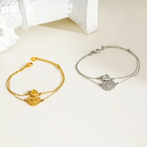 Personalized Stainless Steel Beaded Chain Double Heart Bracelet for Women