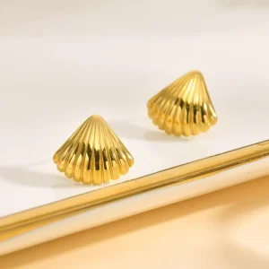 Personalized Waterproof Stainless Steel Stud Earrings, 18K Gold-Plated Shell Design