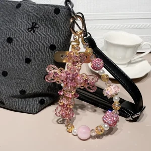 Pink Cross Beaded Phone Chain Lanyard and Baroque Bag Charm