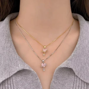 Pink Heart Pendant Necklace Gold-Plated Link Zircon Jewelry Y2K