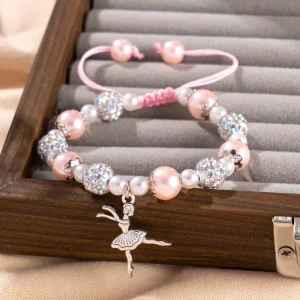 Pink Pearl Beaded Ballerina Charm Bracelet