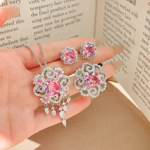 Pink and Blue Gemstone Necklace Earring Ring with Pink Zircon Three-Piece Set for Women