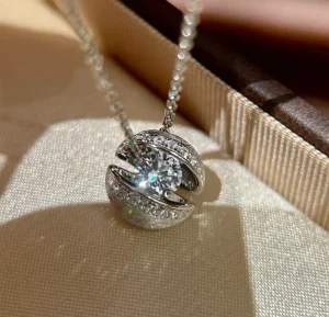 Planet Pendant Link Necklace Gold-Plated with Zircon