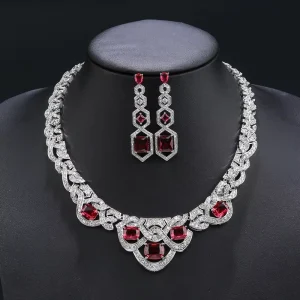 Platinum Plated Cubic Zirconia Bridal Wedding Jewelry Set Women’s Party Necklace Earrings Brass CN11306 For Gift