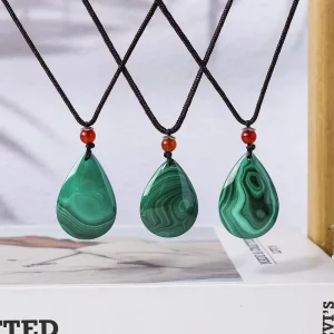 Polished Natural Malachite Teardrop Pendant Necklace Braided Cord