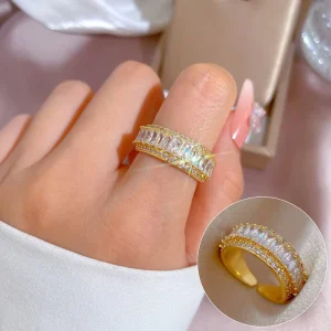 Popular Gold Plated Wide Diamond Rings Fashionable Women’s Jewelry for Wedding and Party Trendy Gift