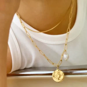Portrait Coin Pendant Pearl Necklace, Stainless Steel, Waterproof, 18K Gold Plated