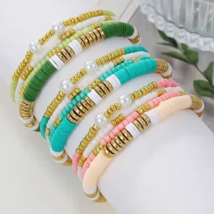 Pulsera De Cuentas Bohemian Soft Clay Beaded Colorful Bracelet Set with Glass Rice Beads and Stacked Pearl Beads