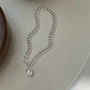 Punk Style 925 Sterling Silver Charm Freshwater Pearl Link Chain Bracelet for Women