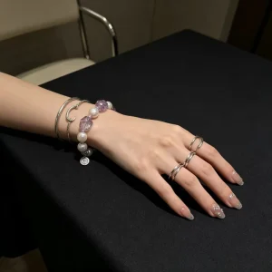 Purple Crystal Mix Bracelet Rough Amethyst Clear Quartz Pearl Unisex Daily Wear Jewelry Stock