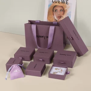 Purple Jewellery Packaging Box for Earrings, Rings, and Necklaces, Cardboard Drawer Gift Box with Pouch