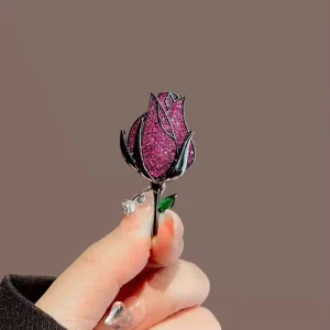 Purple Rose Brooch for Women, Gold-Plated Alloy Base with Rhinestones