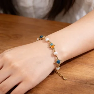 Quadruple Star Design Natural Pearl Silver Beaded Bracelet for Women
