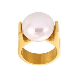 R0554 18k Gold-Plated Stainless Steel Shell Pearl Ring for Women Non-Fading