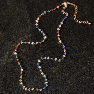 Rainbow Irregular Glass Chip Beaded Necklace Stainless Steel Adjustable Extension Chain Dainty Women’s Layering Jewelry
