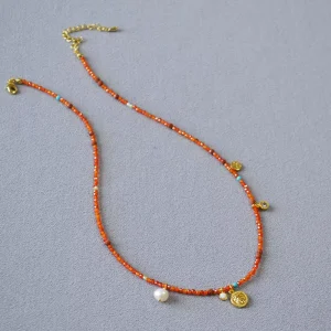 Red Beaded Asymmetrical Gold Coin Pendant Collarbone Chain
