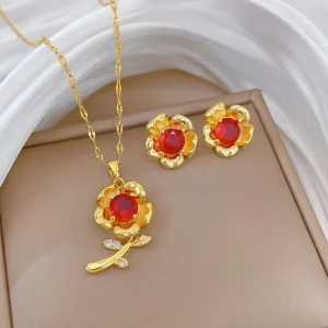 Red Gemstone Flower Jewelry Set with Diamond Leaf Gold Necklace and Earrings for Wedding Party