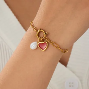 Red Heart Pearl Charm Chain Bracelet in Waterproof Stainless Steel with Gold Plating