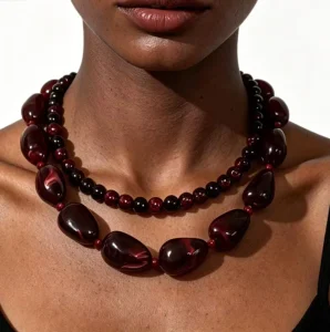 Red Resin Round-Bead Two-Layer Necklace