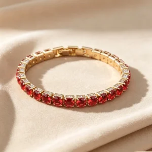Red Square Zircon Bracelet Adjustable Gold Tone Cuff Copper Alloy Jewelry