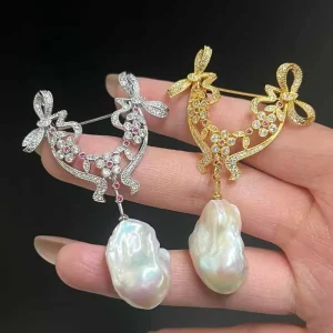 Renaissance Palace Style Brooch Pendant with Natural Freshwater Baroque Pearl and Vintage Bow