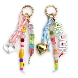 Resin Bead Heart Keychain Acrylic Letter Bag Charm Colorful Beaded Pendant for Bags
