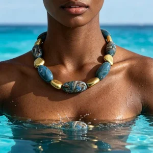 Retro Baroque Blue Oval Bead Necklace, Gold, for Women