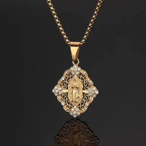 Retro Bohemian Virgin Mary Hollow Pendant Stainless Steel Gold Plated Bamboo Necklace