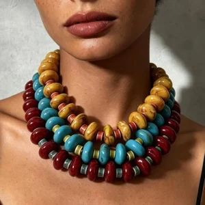 Retro Contrast Bohemian Thick Bead Necklace Jewelry Set Women Chunky Beaded Resin Necklace