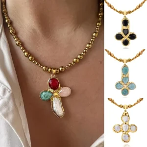 Retro Cross Necklace Stainless Steel Gold Plated Colorful Stone Drop Pendant for Women
