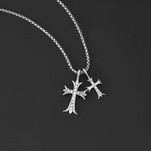 Retro Double Cross Necklace, Stainless Steel, Unisex