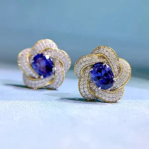 Retro Flower Stud Earrings, 6*8 Simulated Sapphire