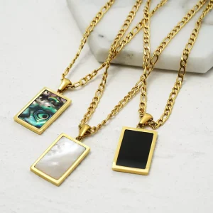 Retro French Natural Shell Rectangle Pendant with Copper Emerald Green Geometric Square Plate and Gold Chain