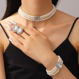 Retro Multi-Layer Gemstone Necklace, Bracelet and Earring Set for Women