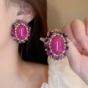Retro Oval Pearl Earrings with Silver Needle, Rose Red Crystal and Colorful Stone