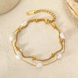 Retro Pearl Bubble Multilayer Stainless Steel Bracelet for Women Waterproof Gold