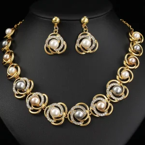 Retro Pearl Necklace and Earrings Bridal Jewelry Set, Gold Plated, for Wedding Gifts