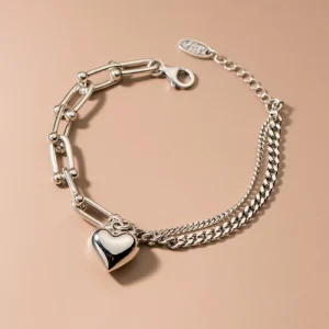 Retro Punk Love Heart Bracelet 925 Sterling Silver Factory for Men’s Daily Wear and Party