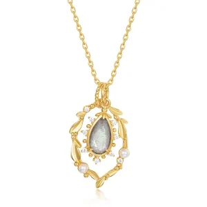Retro S925 Silver Natural Labradorite Pearl Pendant Necklace for Women