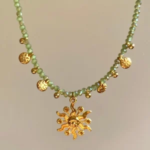 Retro Sun Natural Stone Beaded Collarbone Chain Golden Coin Pendant Necklace