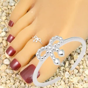 Rhdium Plated 925 Sterling Silver Open Adjustable Bead Bowknot Toe Ring