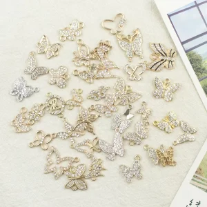 Rhinestone Butterfly Alloy Pendant Necklace with K Key Charm, Kc Gold and White