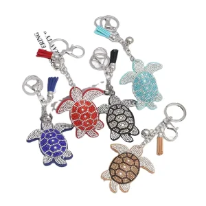 Rhinestone Diamond Turtle Charm Keychain with Tassel and Bell