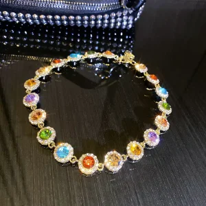 Rhinestone Geometric Colorful Crystal Choker Necklace for Women Clavicle Chain Jewelry Diamond Shiny Necklace
