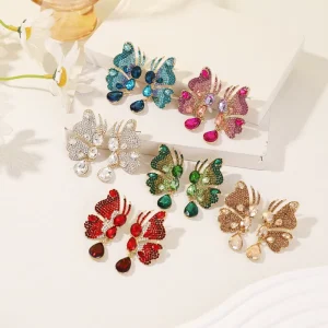 Rhinestone Teardrop Butterfly Custom Crystal Statement Drop Earrings for Women
