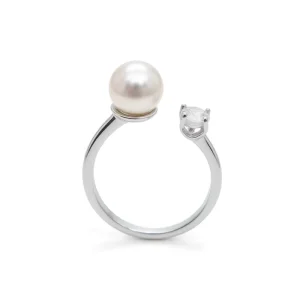 Rhodium-Plated Silver Open Ring with AAA 6-7mm Akoya Pearl, Adjustable