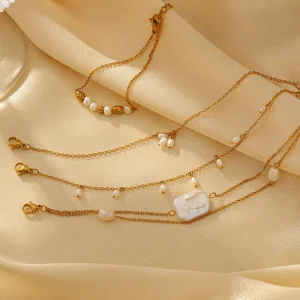 Romantic Freshwater Pearl Dangle Layered Bracelets 18K Gold Plated Fashion Jewelry for Women Daily Gift Wear Water Resistant