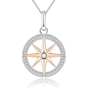 Rose Gold & Rhodium Plated 925 Sterling Silver Coin Pendant Custom Compass Charm with Zircon North Star Necklace